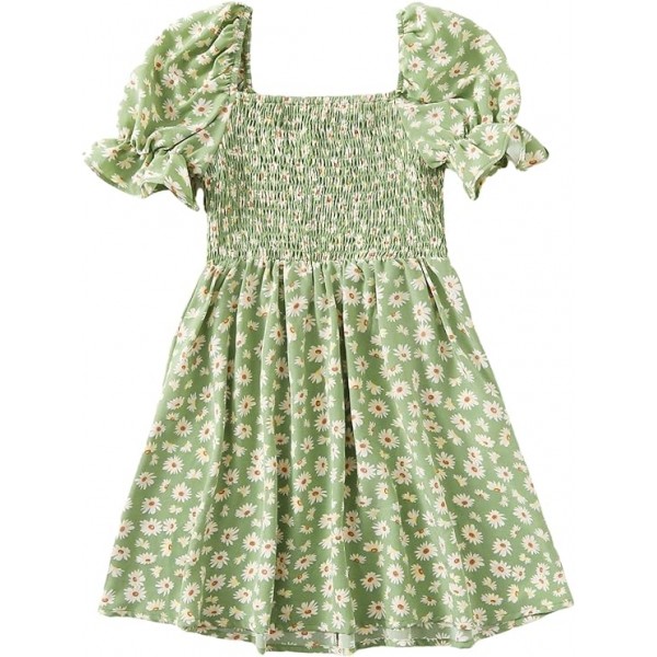 Girl's Floral Print Puff Sleeve Square Neck Shirre...