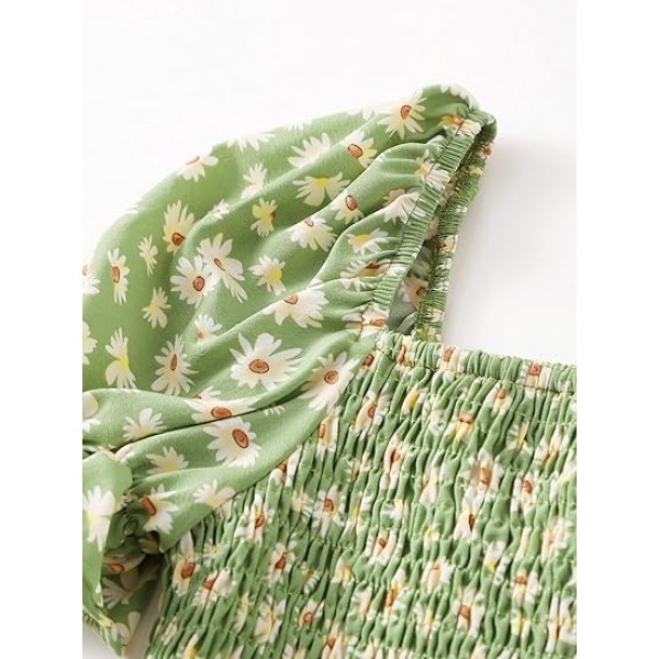 Girl's Floral Print Puff Sleeve Square Neck Shirred Swing A Line Dress