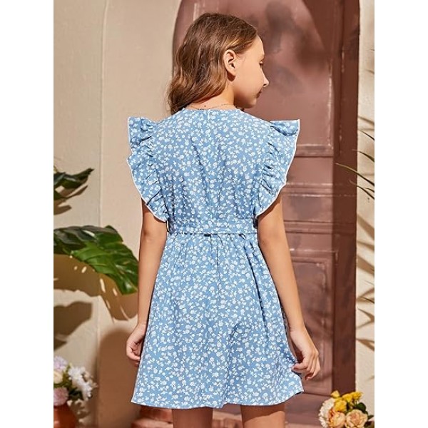 Girl's Ditsy Floral Butterfly Sleeve Ruffle Belted Short A Line Dress