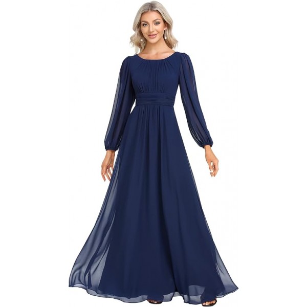 Women's Crewneck Lantern Sleeves A-Line Pleated Ch...