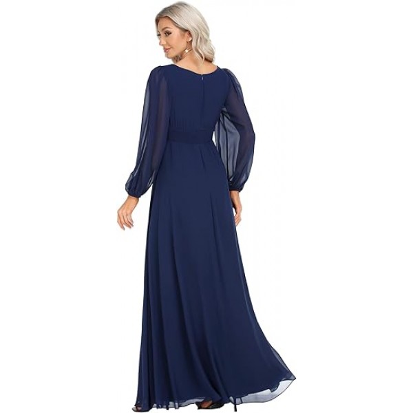 Women's Crewneck Lantern Sleeves A-Line Pleated Chiffon Maxi Formal Dress 0106B