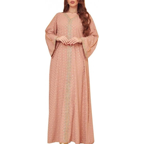 Womens Abaya Dress One-Piece V Neck Bronzing Dress...