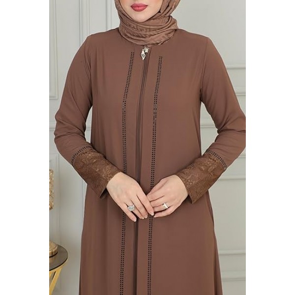 Brown Women's Abaya Lace Applique Long Sleeve Floo...