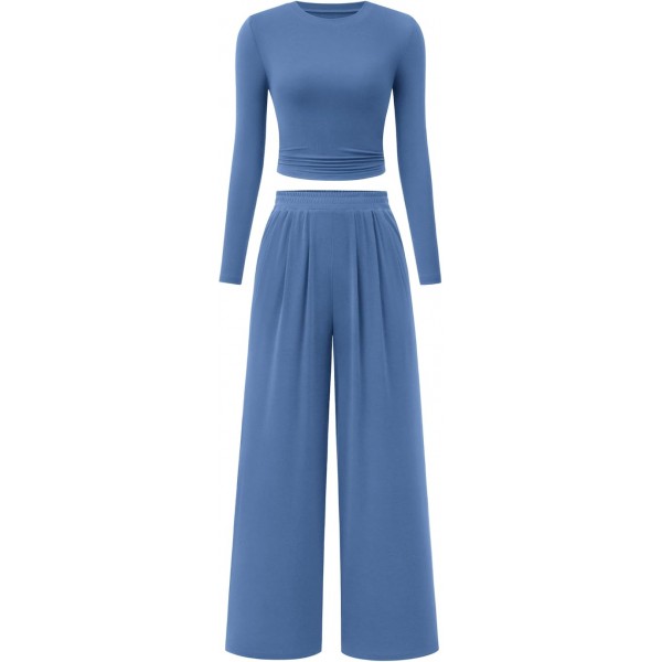 Womens Two Piece Outfits 2024 Fall Long Sleeve Crop Top Elastic Waist Wide Leg Pants Lounge Sets Casual Tracksuit
